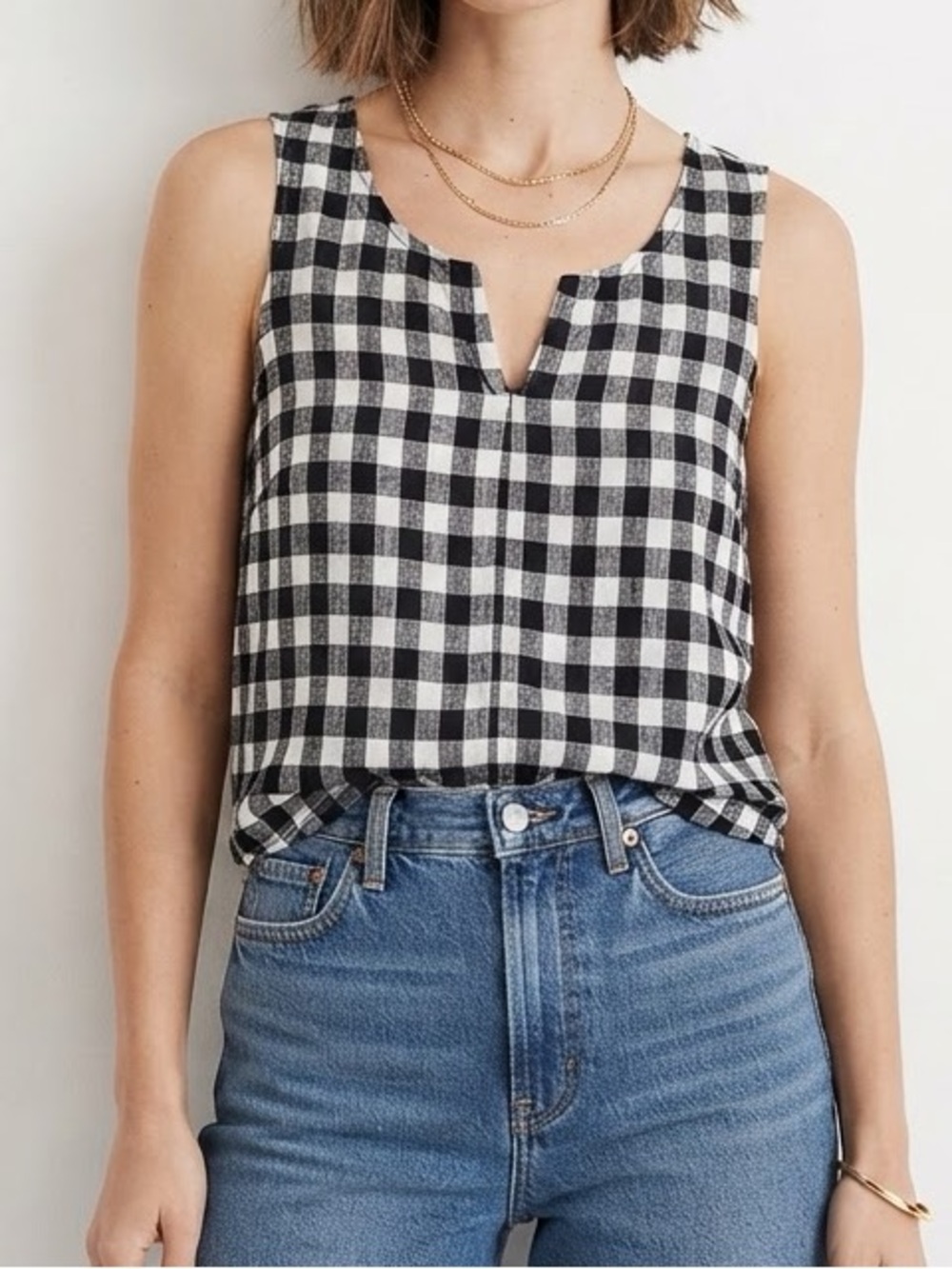 Time and Tru Gingham Linen Blend Tank Top in Blue & White Size Medium